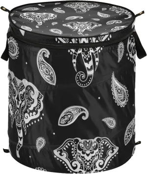 Silver White Indian Aztec Tattoo Tribal Ornament Elephants on Dark Pop Up Laundry Hamper, Collapsible Dirty Clothes Basket with Zipper Lid, Storage Bag Washing Bin for Room College Dorm Travel