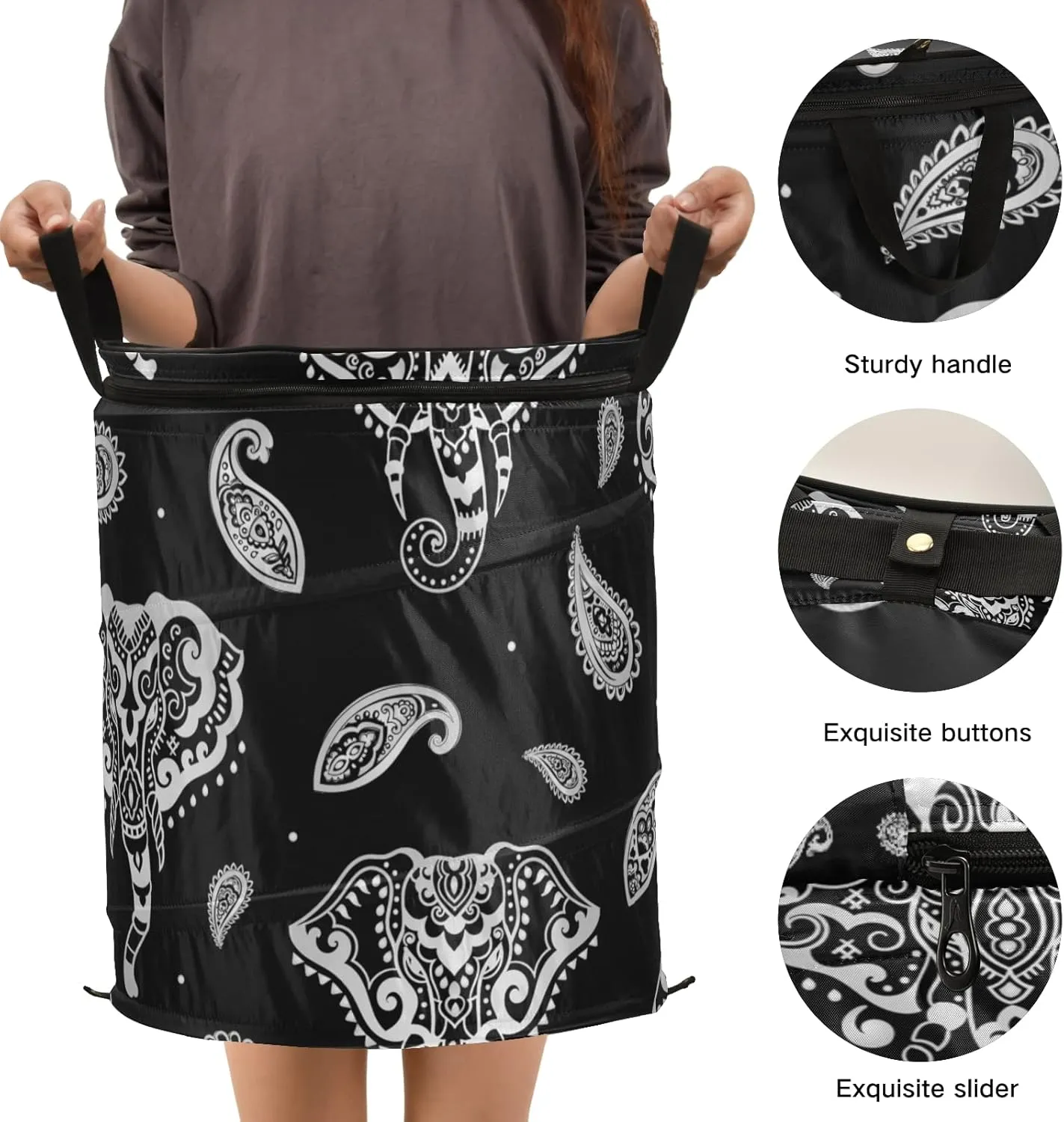 Silver White Indian Aztec Tattoo Tribal Ornament Elephants on Dark Pop Up Laundry Hamper, Collapsible Dirty Clothes Basket with Zipper Lid, Storage Bag Washing Bin for Room College Dorm Travel