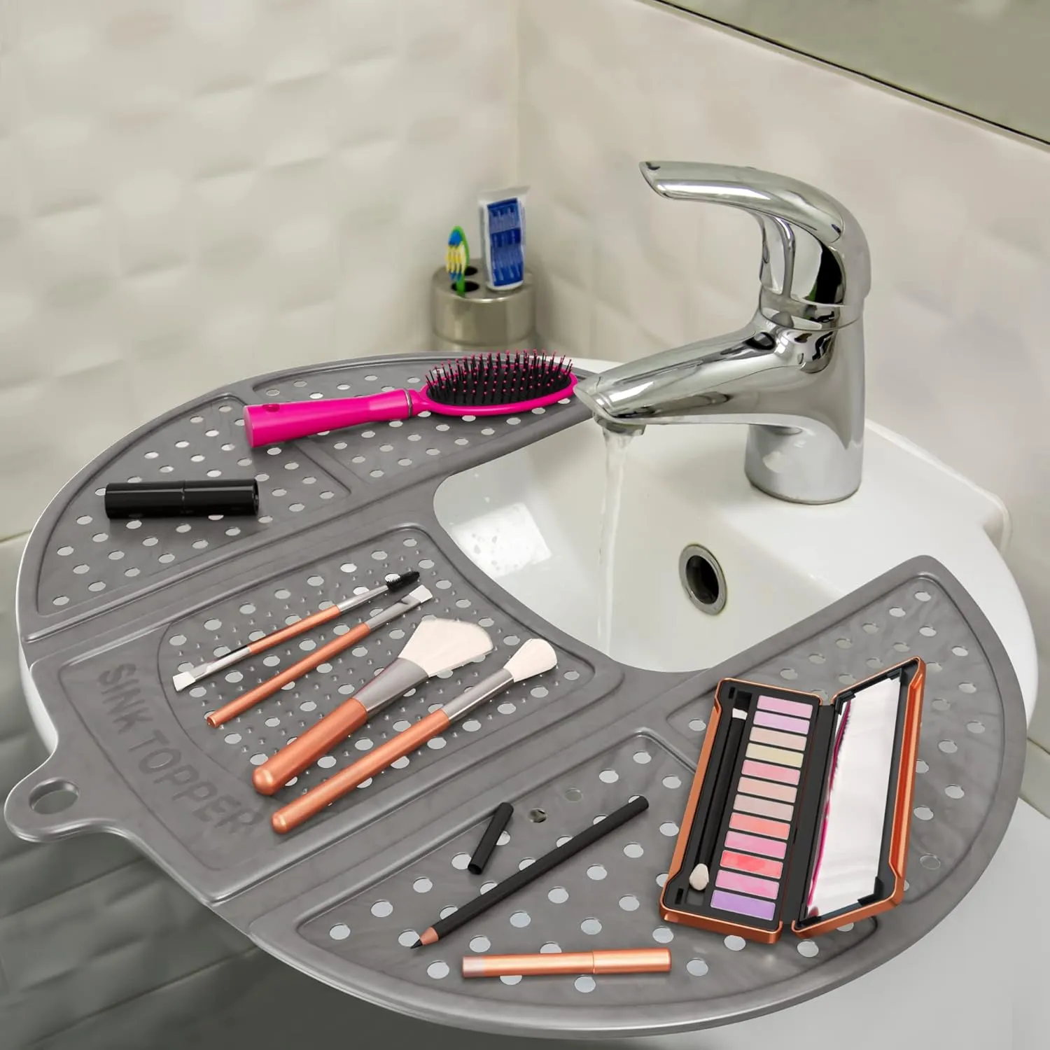 Sink Topper Foldable Sink Cover | Silicone Beauty Makeup Brush Cleaning Mat | Hot Tools Organizer | Bathroom Cover for Counter Space & Storage Saver | Traveling Must Haves for RV | Standard, Silver