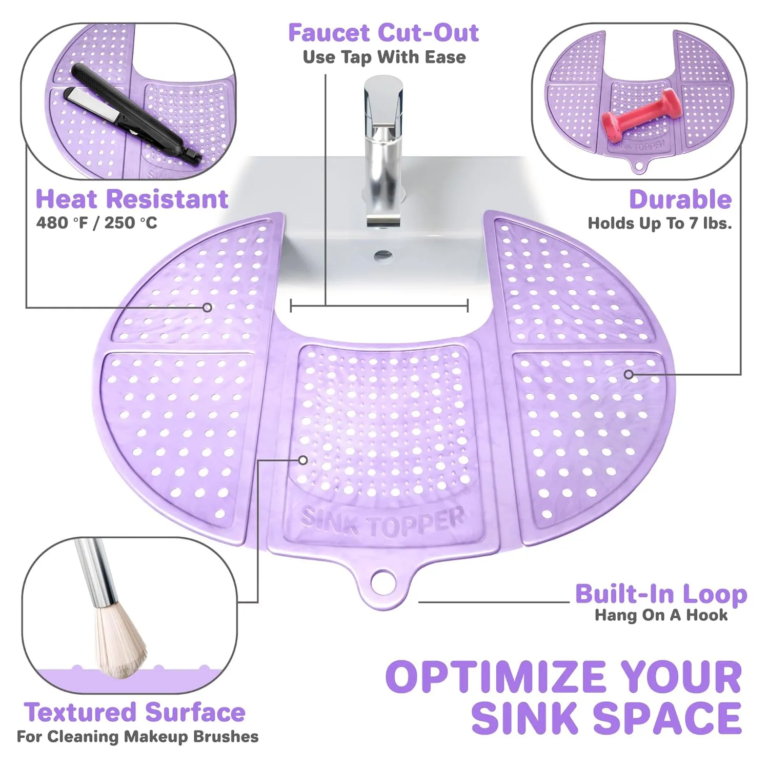 Sink Topper Foldable Sink Cover - Silicone Beauty Makeup Brush Cleaning Mat - Hot Tools Organizer - Bathroom Must Have Accessory for Extra Space & Storage Saver - Traveling - Standard, Iris Lavender