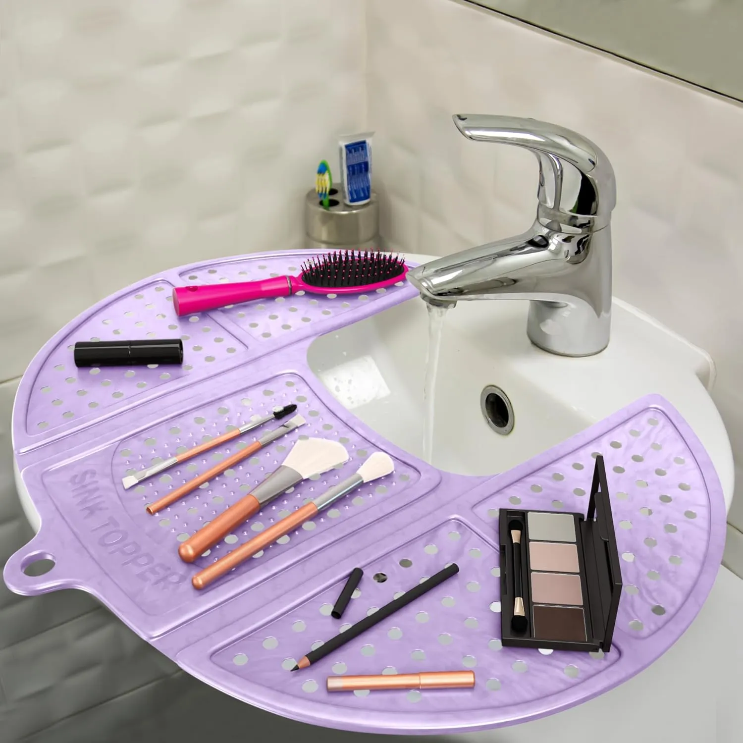 Sink Topper Foldable Sink Cover - Silicone Beauty Makeup Brush Cleaning Mat - Hot Tools Organizer - Bathroom Must Have Accessory for Extra Space & Storage Saver - Traveling - Standard, Iris Lavender