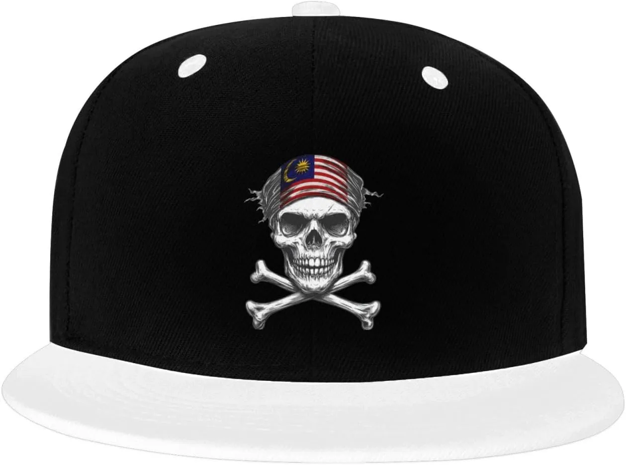 Skull Flag Malaysia Color-Block Flat Brim Snapback Cap for Men & Women, Adjustable Hip-Hop Hat White