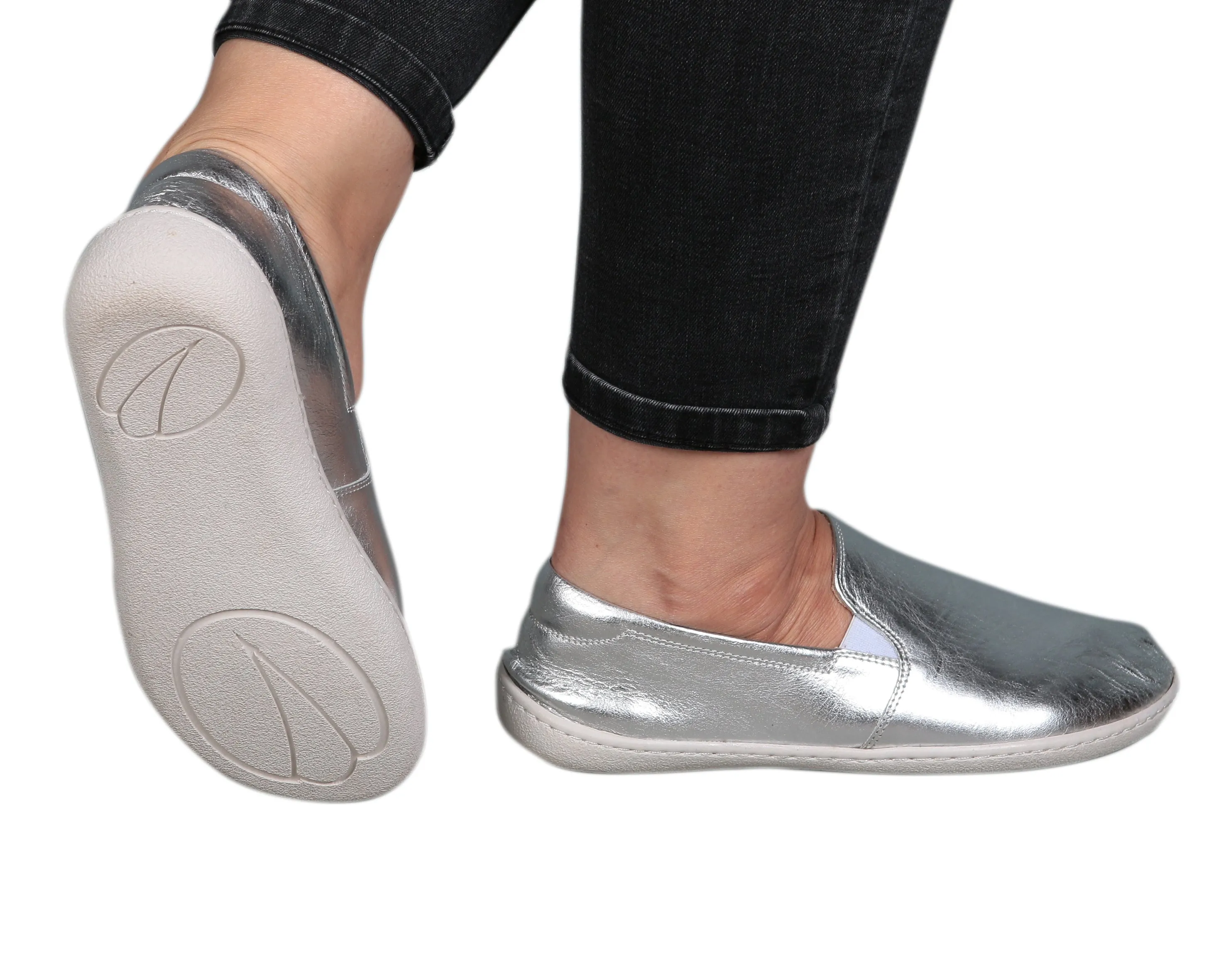 Sılver Slip-On Wide Barefoot Shoes Smooth Leather Handmade 6mm Rubber Outsole