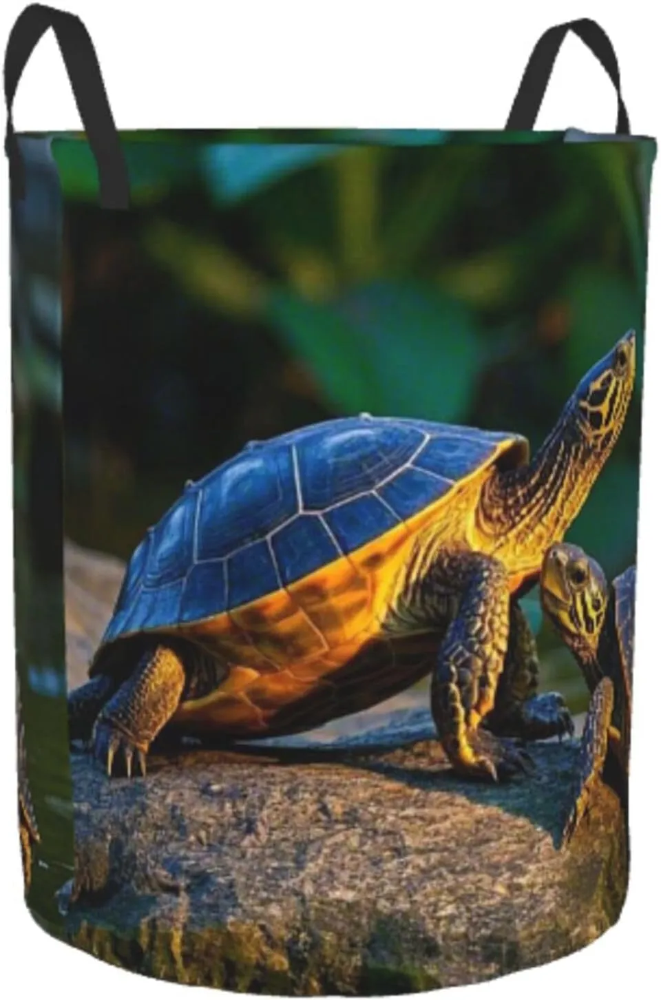 Small Round Laundry Hamper, Dirty Storage Basket Foldable Hamperd with Hand for Bathroom (Twilight Turtles Print)