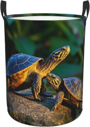 Small Round Laundry Hamper, Dirty Storage Basket Foldable Hamperd with Hand for Bathroom (Twilight Turtles Print)