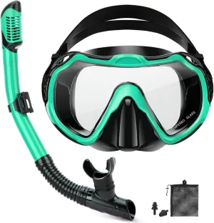 Snorkeling Gear for Adults, Adult Snorkel Set with Panoramic Anti-Leak and Anti-Fog Tempered Glass Snorkel Mask, Dry Top Snorkel, Snorkle Mask Set Adult with Mesh Bag Ear Plug for Snorkeling