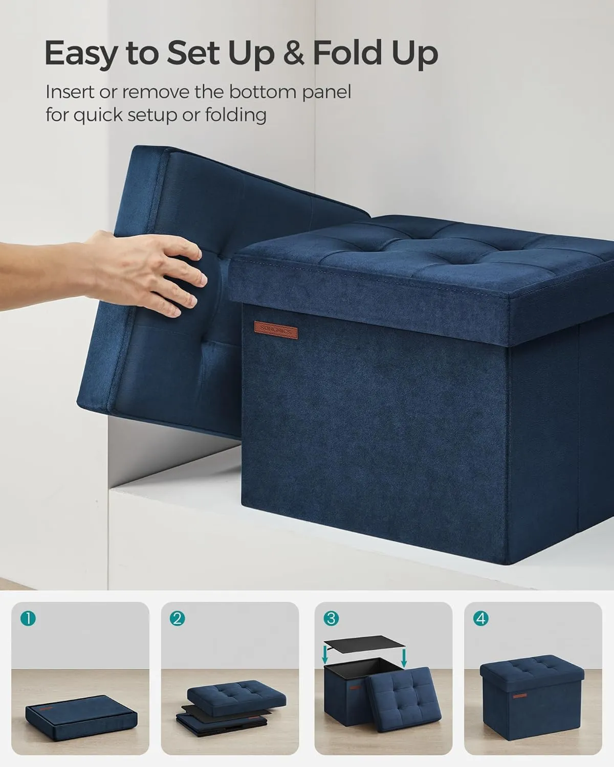 SONGMICS Storage Ottoman, Foldable Small Ottoman Foot Rest, 12.2 x 16.1 Inches Foot Stool, Load up to 286 lb, for Living Room, Bedroom, Dorm, Midnight Blue ULSF200Q01