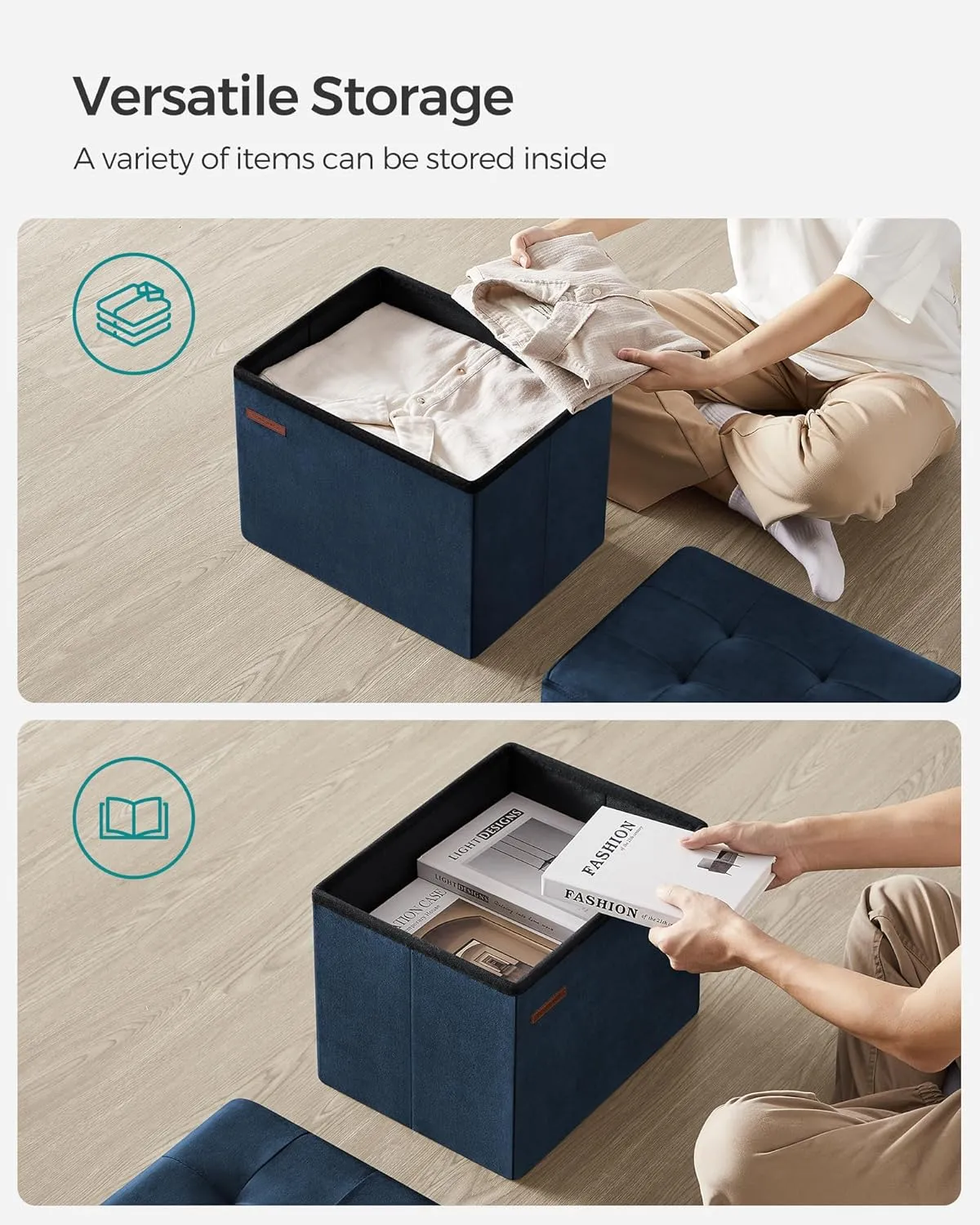 SONGMICS Storage Ottoman, Foldable Small Ottoman Foot Rest, 12.2 x 16.1 Inches Foot Stool, Load up to 286 lb, for Living Room, Bedroom, Dorm, Midnight Blue ULSF200Q01
