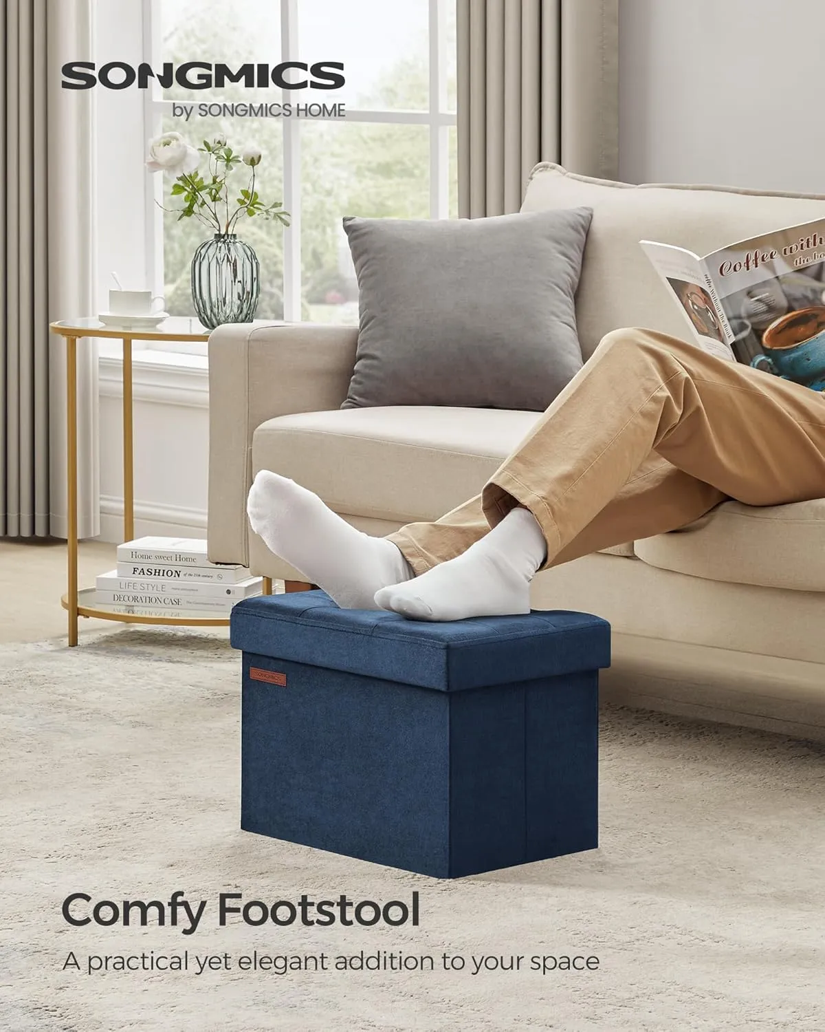 SONGMICS Storage Ottoman, Foldable Small Ottoman Foot Rest, 12.2 x 16.1 Inches Foot Stool, Load up to 286 lb, for Living Room, Bedroom, Dorm, Midnight Blue ULSF200Q01