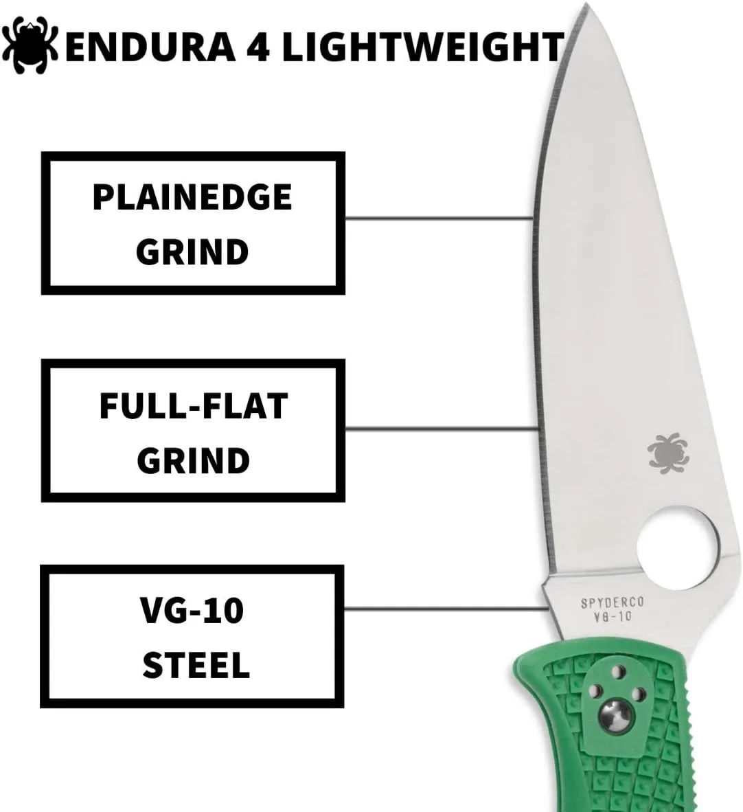 Spyderco Endura 4 Lightweight Signature Knife with 3.80" VG-10 Steel Blade and Green FRN Handle - PlainEdge - C10FPGR