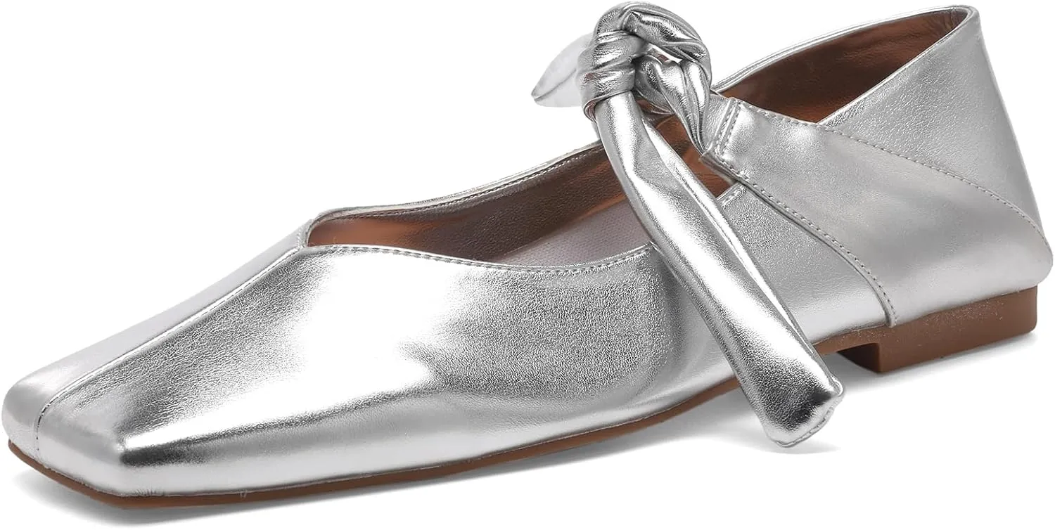 Square Toe Ballet Flats for Women Bow Mary Jane Flats Slip On Dress Ballerina Shoes