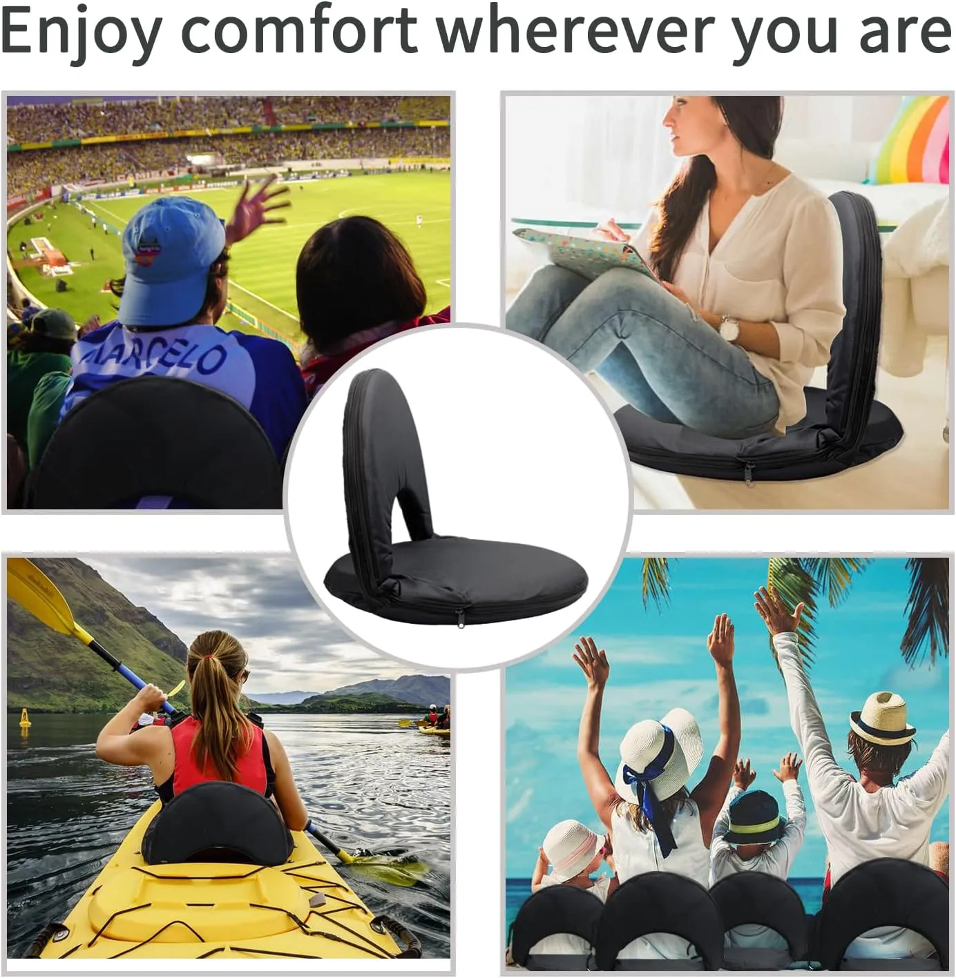 Stadium seats with back support, Stadium seat cushion,Bleacher seat, Folding floor chair with back support, Foldable extra thick comfort cushions, Reclining back support,shoulder straps & storage bag