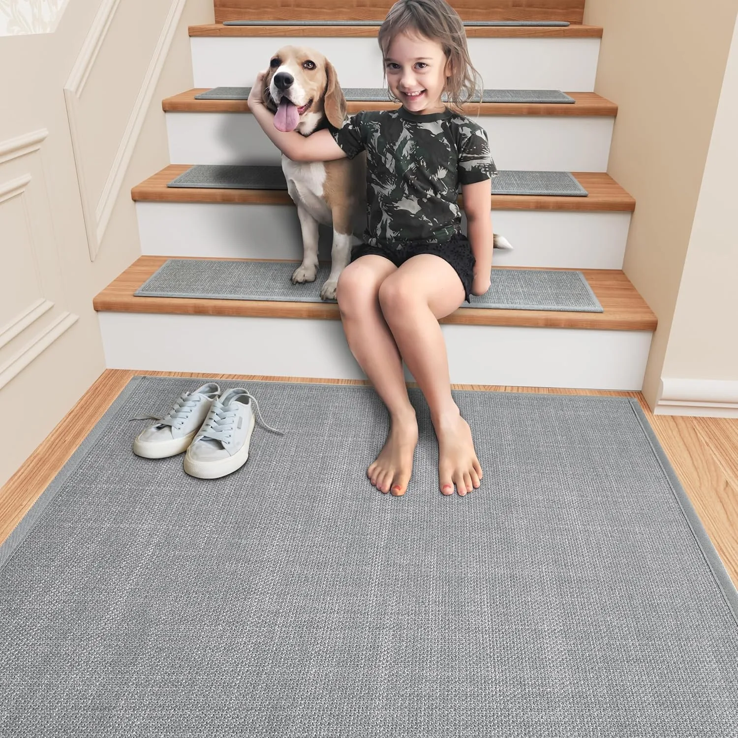 Stair Treads Carpet for Wooden Steps, Non Slip Landing Mat Rug Whit Rubber Backing, Polyester Soft Stairs Resistant Indoor Skid Runner Safety Rugs for Family, Absorbent Washable 31" x 31" Gray