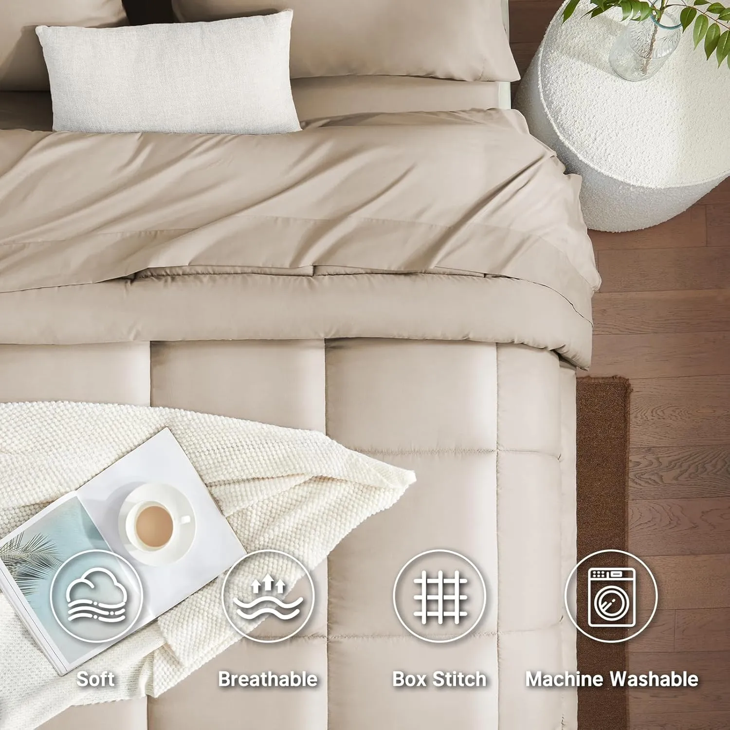 SunStyle Home Beige Full/Queen Comforter Set - 7 Pieces Bed in a Bag, Lightweight Goose Down Alternative Bedding Sets with All Season Comforter, 1 Flat Sheet, 1 Fitted Sheet, 4 Pillowcases