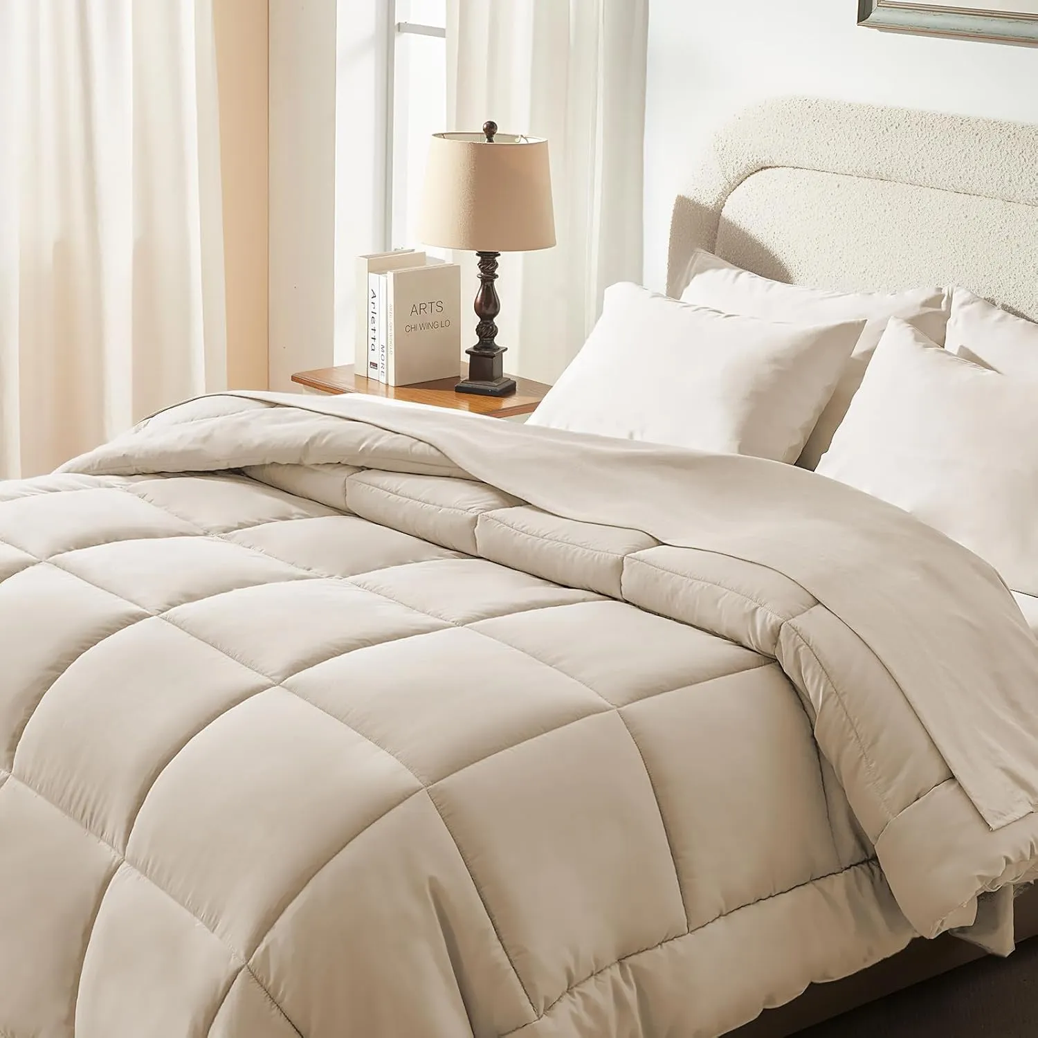 SunStyle Home Beige Full/Queen Comforter Set - 7 Pieces Bed in a Bag, Lightweight Goose Down Alternative Bedding Sets with All Season Comforter, 1 Flat Sheet, 1 Fitted Sheet, 4 Pillowcases