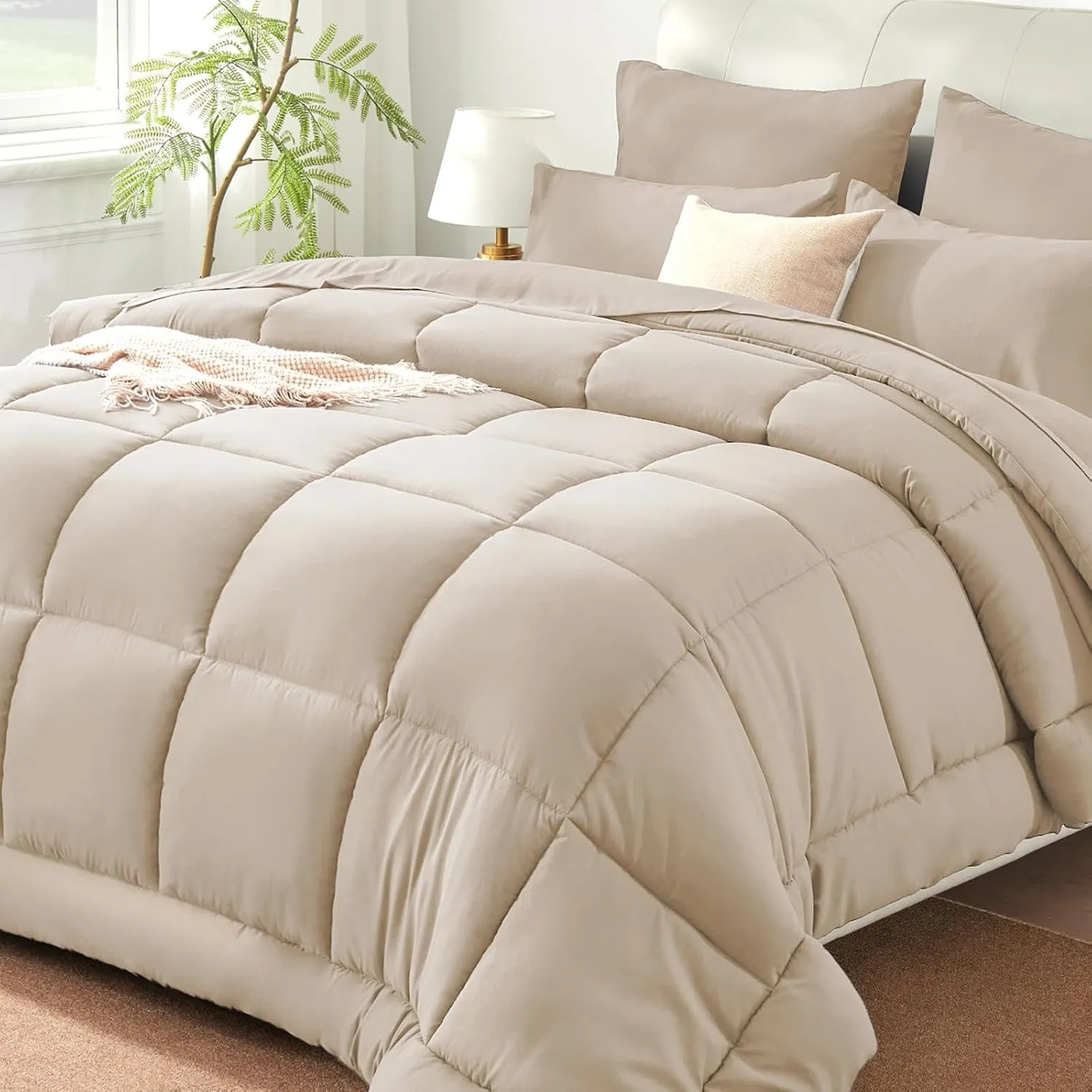 SunStyle Home Beige Full/Queen Comforter Set - 7 Pieces Bed in a Bag, Lightweight Goose Down Alternative Bedding Sets with All Season Comforter, 1 Flat Sheet, 1 Fitted Sheet, 4 Pillowcases