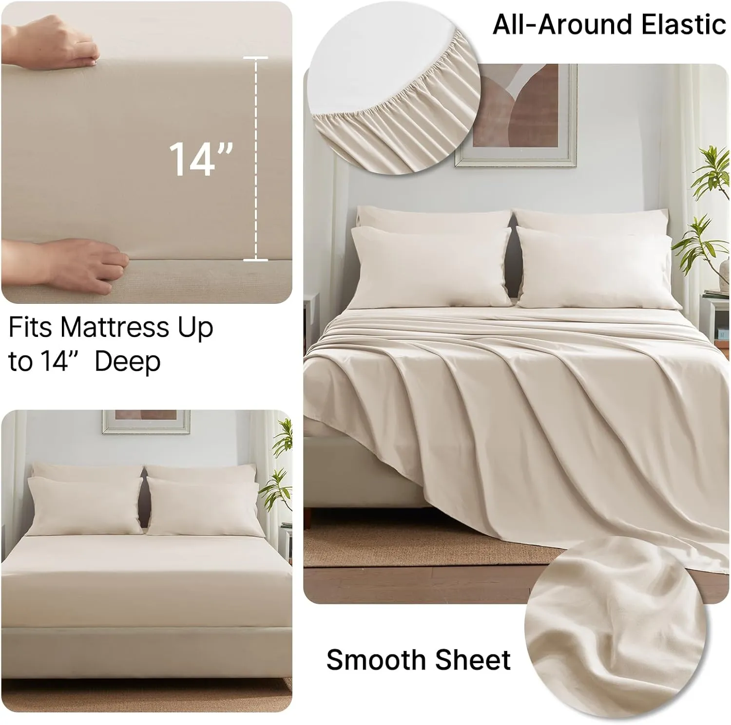 SunStyle Home Beige Full/Queen Comforter Set - 7 Pieces Bed in a Bag, Lightweight Goose Down Alternative Bedding Sets with All Season Comforter, 1 Flat Sheet, 1 Fitted Sheet, 4 Pillowcases