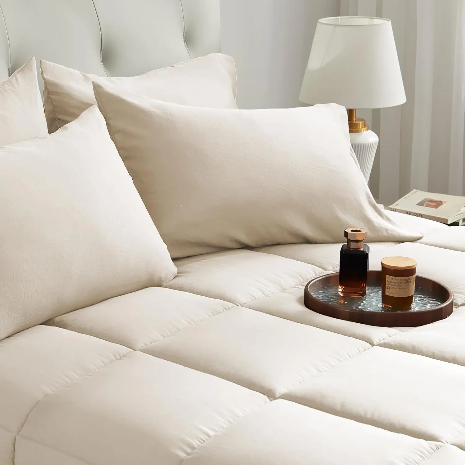 SunStyle Home Beige Full/Queen Comforter Set - 7 Pieces Bed in a Bag, Lightweight Goose Down Alternative Bedding Sets with All Season Comforter, 1 Flat Sheet, 1 Fitted Sheet, 4 Pillowcases