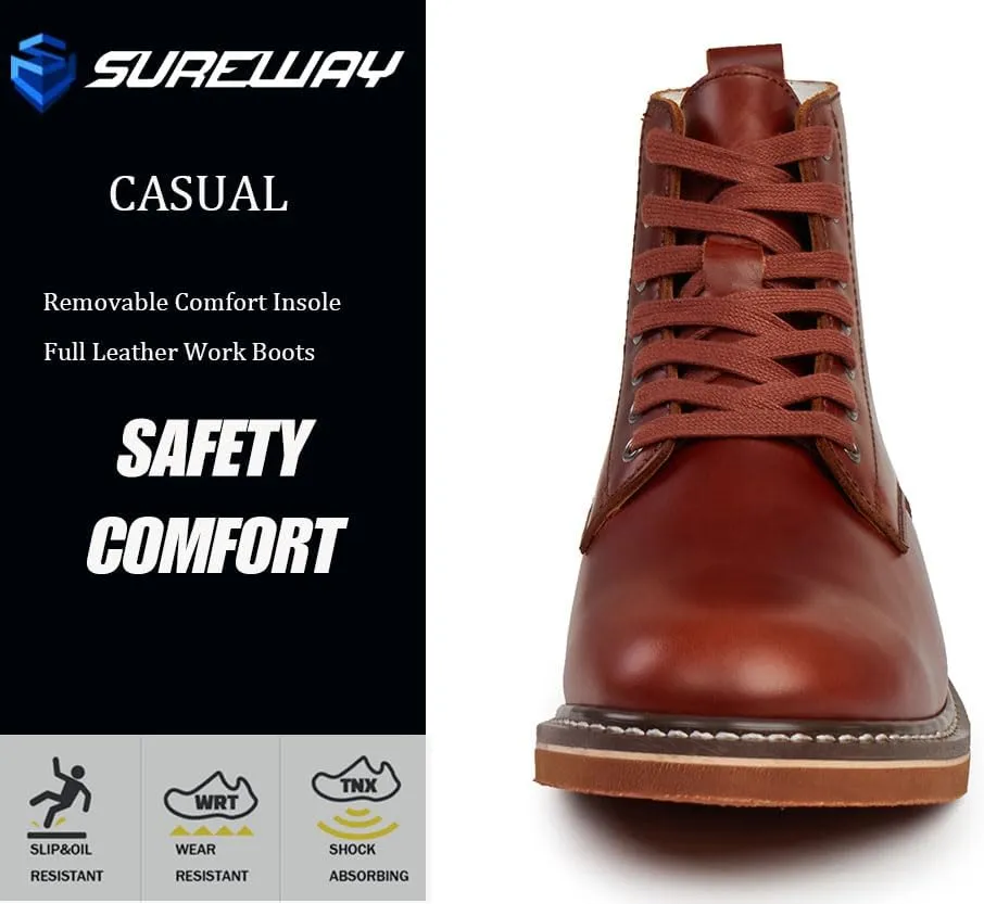 SUREWAY Men’s 6" Stylish and Comfort Leather Ankle Lace-up Boots,Men Dress Chukka Boots,6-Inch Service Boot Pro,Casual Soft toe Brown Work Boots