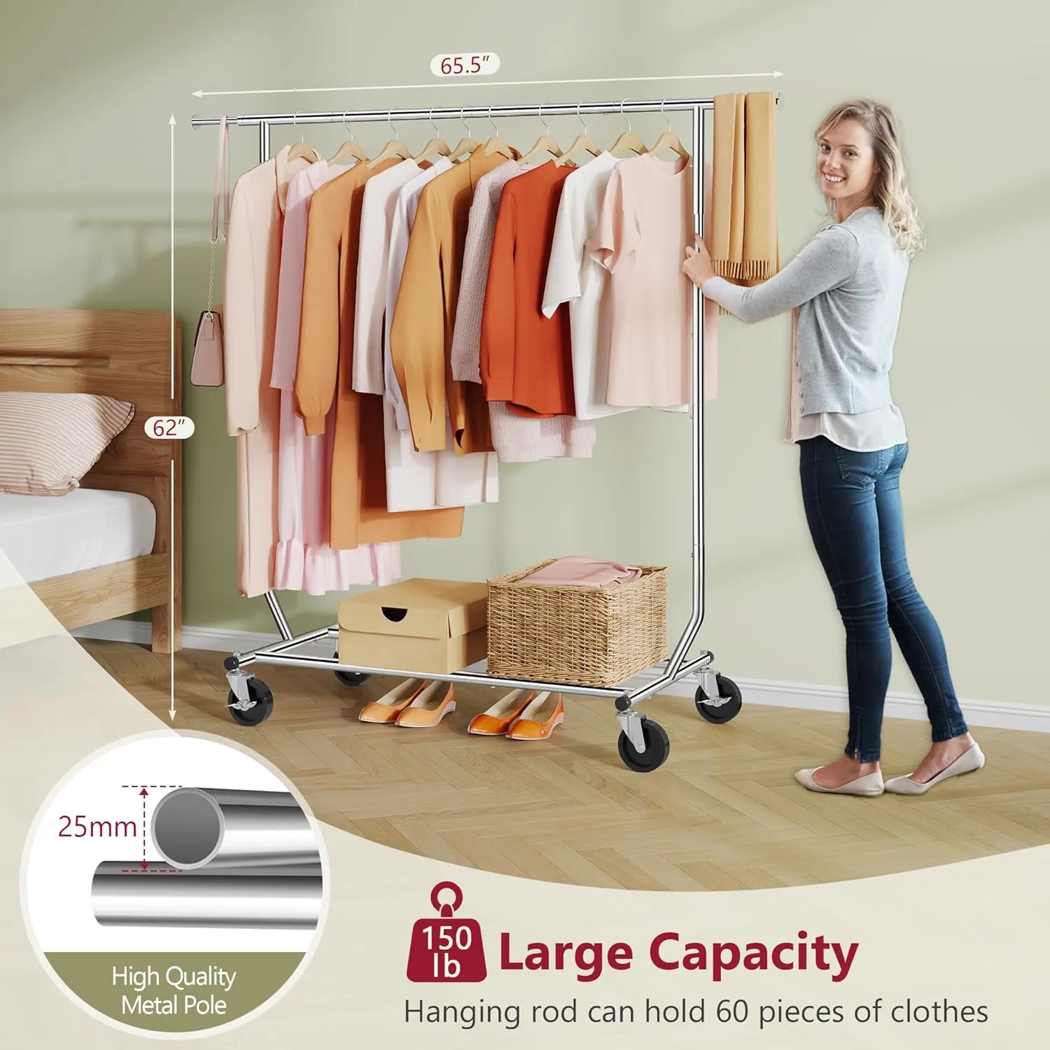 Tajsoon Clothing Rack Heavy Duty Clothes Racks Foldable Garment Rack with Wheels and Extendable Rod, Collapsible Clothing Rack Max Capacity 250lbs, Industrial Rolling Racks with Bottom Shelf, Chrome