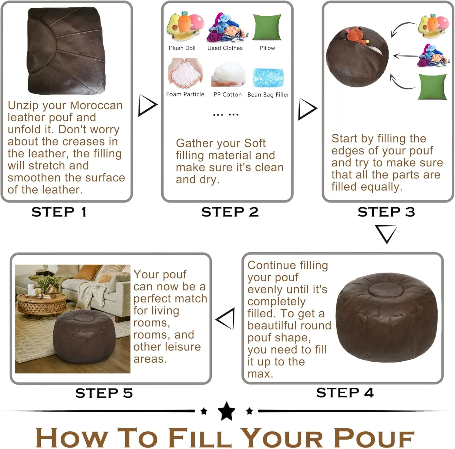 Thgonwid Unstuffed Moroccan Storage Pouf Foot Stool Ottoman Seat Handmade Faux Leather Bean Bag Floor Chair Foot Rest for Living Room, Bedroom or Balcony (Deep Coffee)