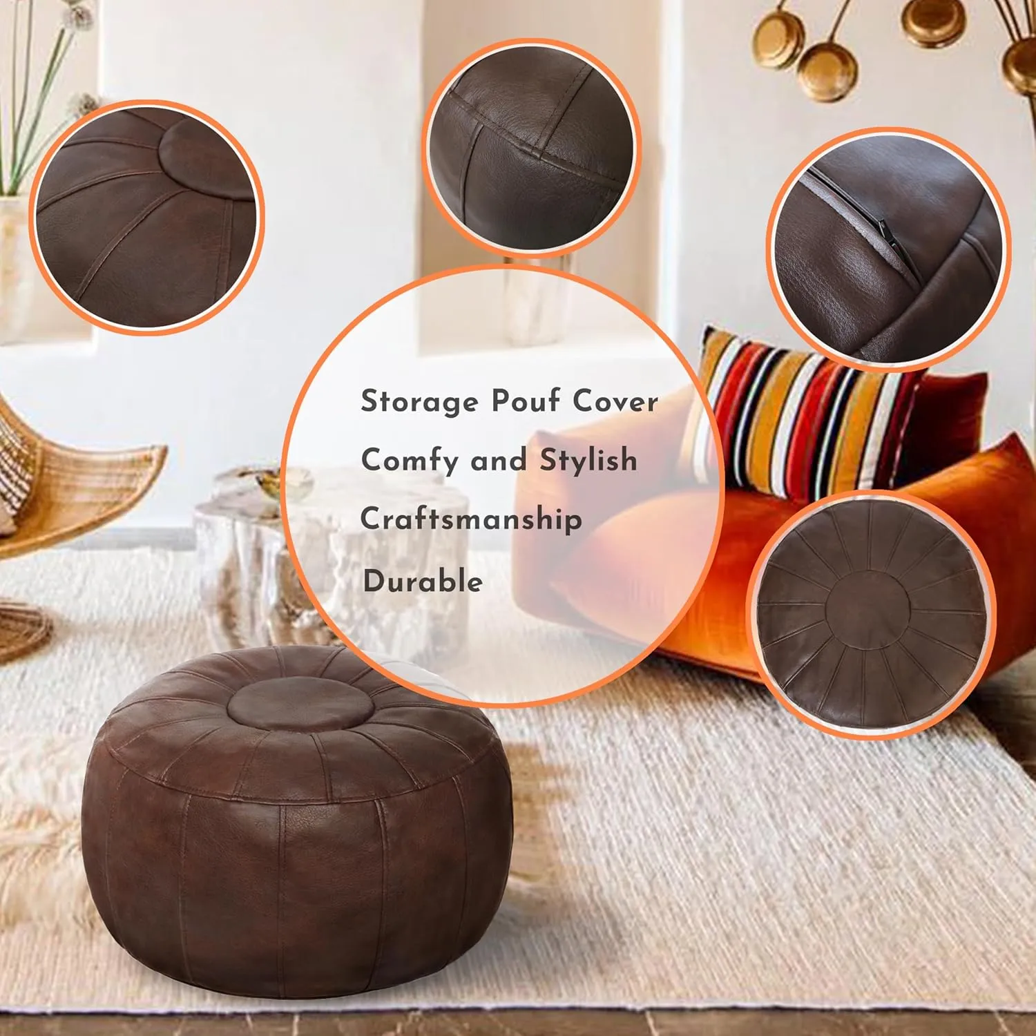 Thgonwid Unstuffed Moroccan Storage Pouf Foot Stool Ottoman Seat Handmade Faux Leather Bean Bag Floor Chair Foot Rest for Living Room, Bedroom or Balcony (Deep Coffee)