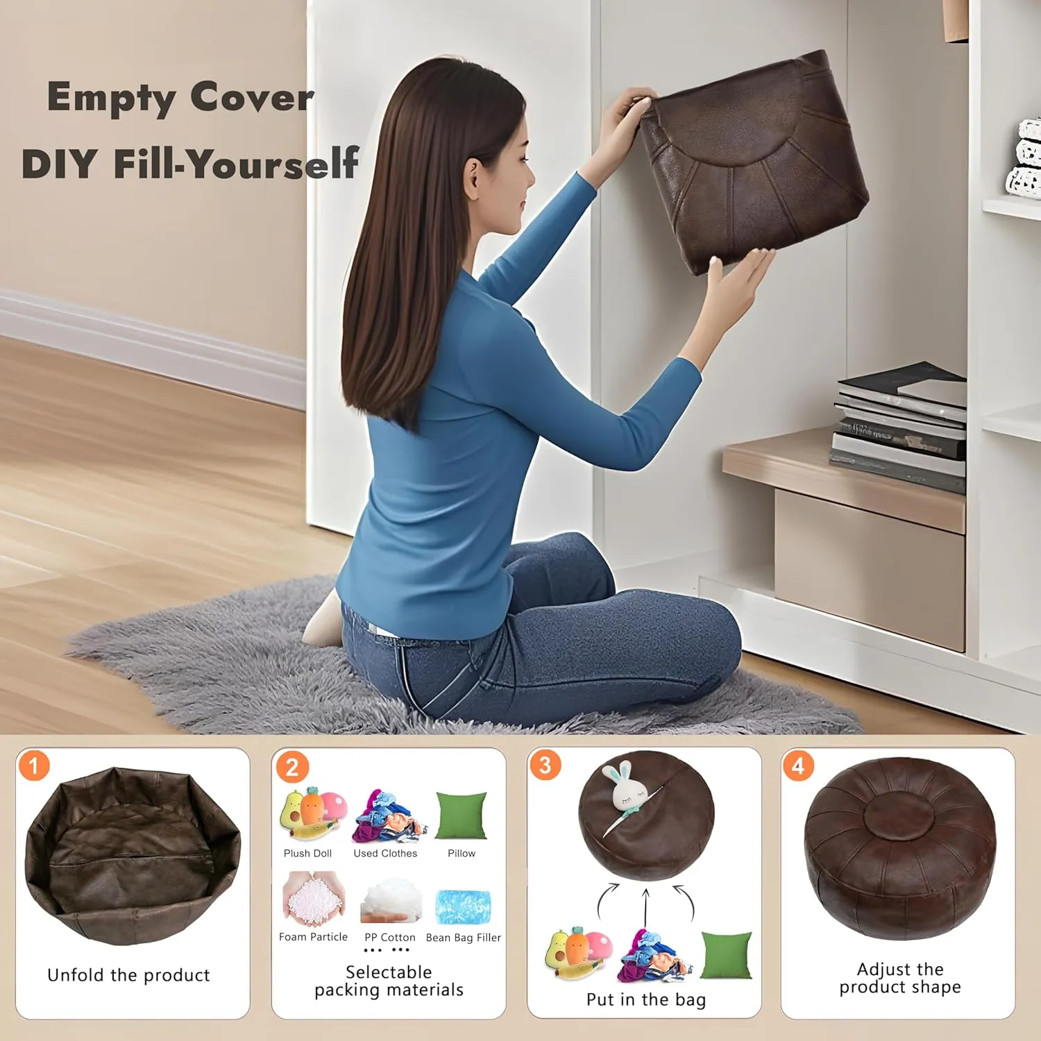 Thgonwid Unstuffed Moroccan Storage Pouf Foot Stool Ottoman Seat Handmade Faux Leather Bean Bag Floor Chair Foot Rest for Living Room, Bedroom or Balcony (Deep Coffee)