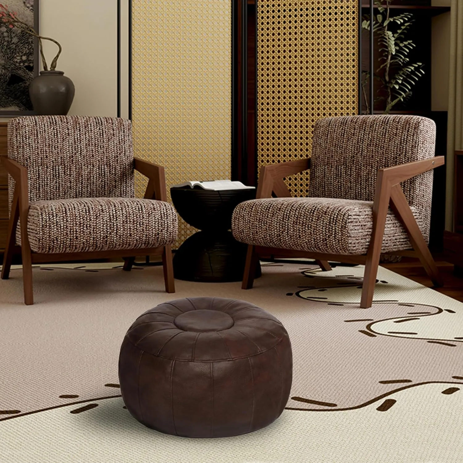 Thgonwid Unstuffed Moroccan Storage Pouf Foot Stool Ottoman Seat Handmade Faux Leather Bean Bag Floor Chair Foot Rest for Living Room, Bedroom or Balcony (Deep Coffee)