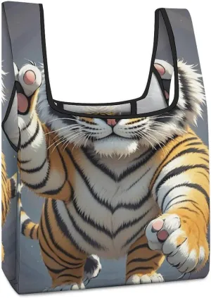 Tiger Head with Raised Paws Tote Bag Reusable Shopping Handbag Washable Foldable Grocery Tote for Picnic Shopping