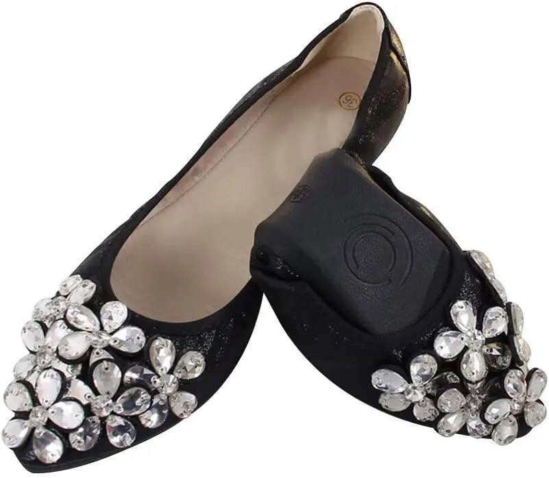TN TANGNEST Womens Shiny Foldable Ballet Flats Wedding Rhinestone Slip On Flat Shoes