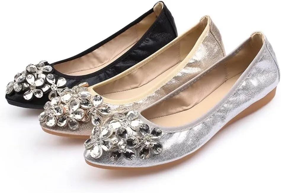 TN TANGNEST Womens Shiny Foldable Ballet Flats Wedding Rhinestone Slip On Flat Shoes