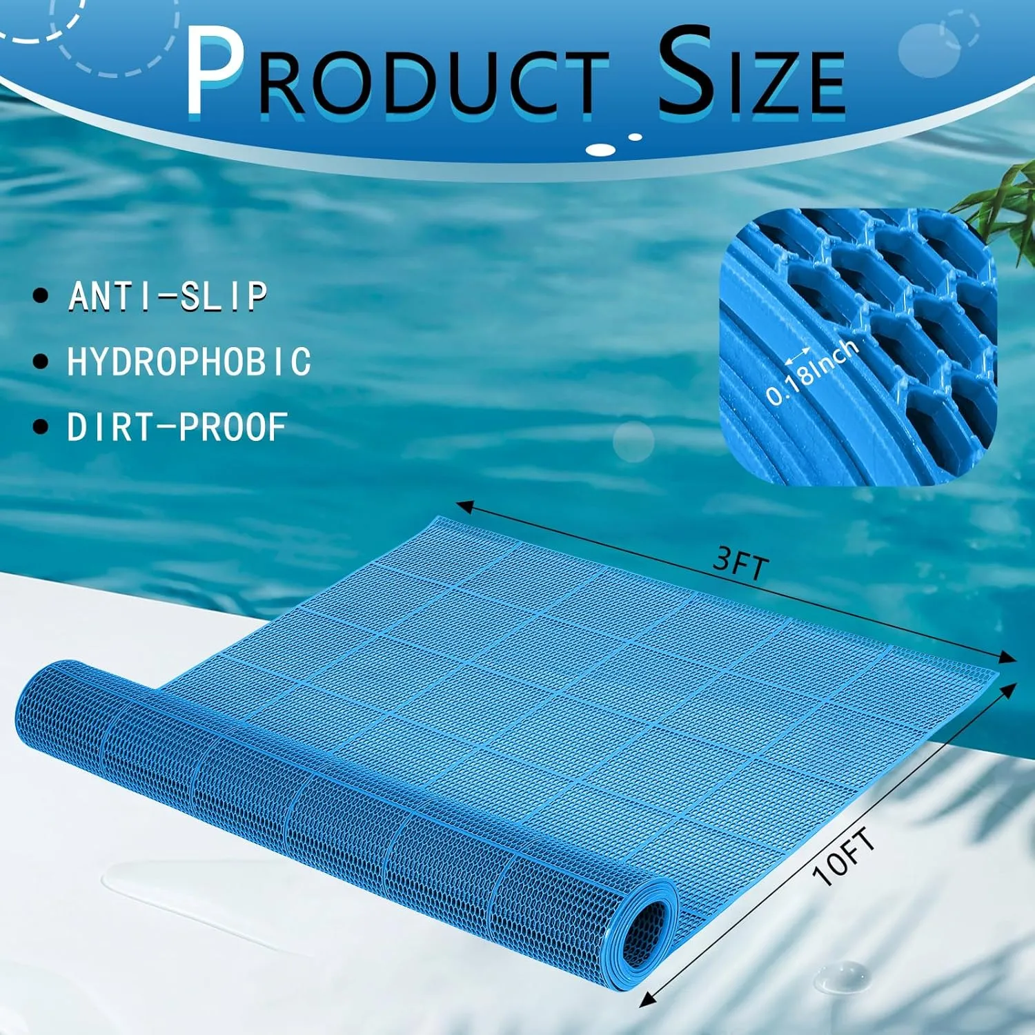 Tondiamo Drainage Pool Flooring Mats Swimming Pool Non Slip Mat PVC Splash Matting Mesh Hollow Doormat Roll for Outdoor Indoor Patio Restaurant Garage Kitchen Bathroom Bars(3 x 10 ft,Blue)
