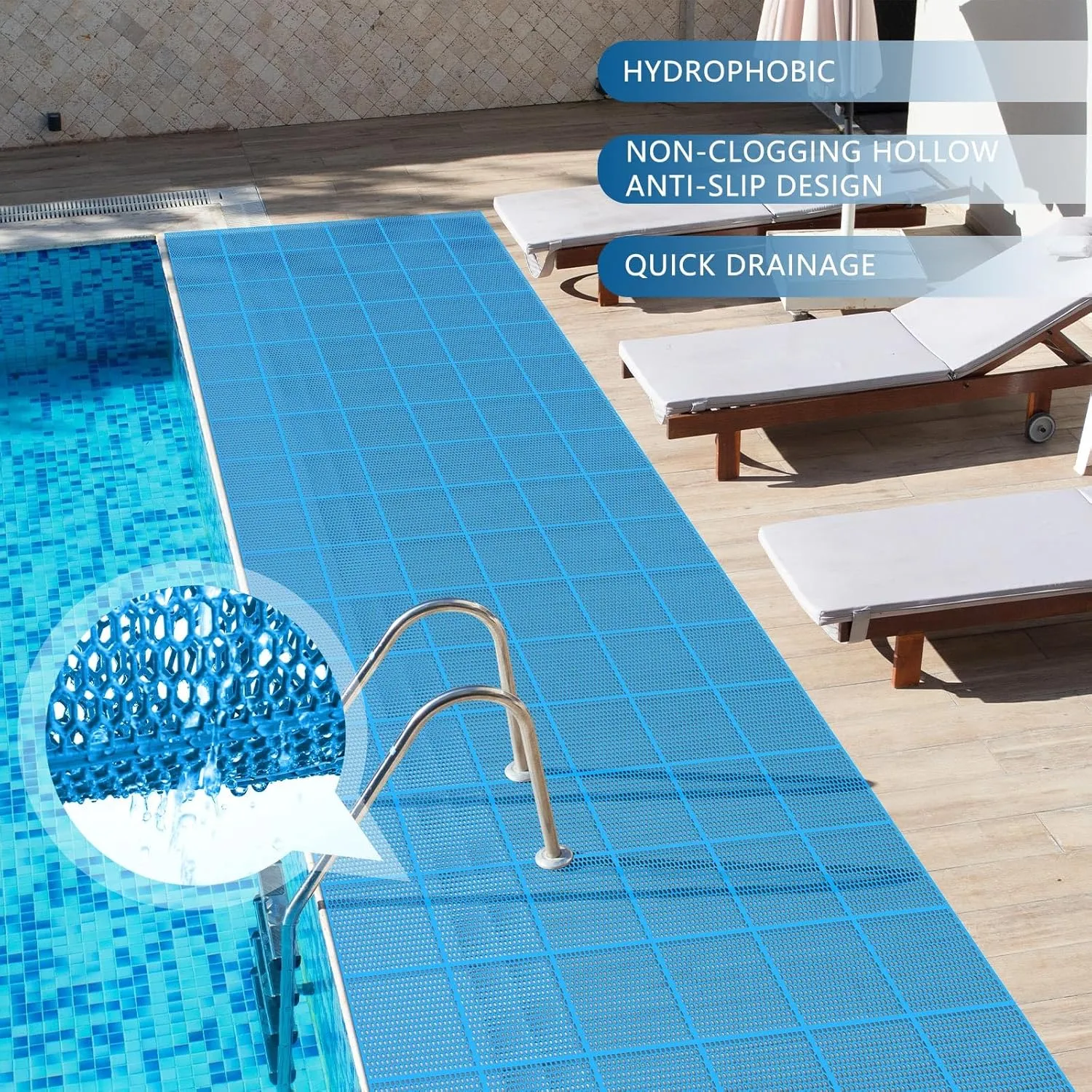 Tondiamo Drainage Pool Flooring Mats Swimming Pool Non Slip Mat PVC Splash Matting Mesh Hollow Doormat Roll for Outdoor Indoor Patio Restaurant Garage Kitchen Bathroom Bars(3 x 10 ft,Blue)