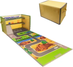 Toy Car Storage Box with Foldable Car Rug Play Mat – 15x10x10 Inch Collapsible Organizer Bin and Garage Basket for Hot Die-Cast Wheels Vehicles and Modle Cars (Cars Not Included)