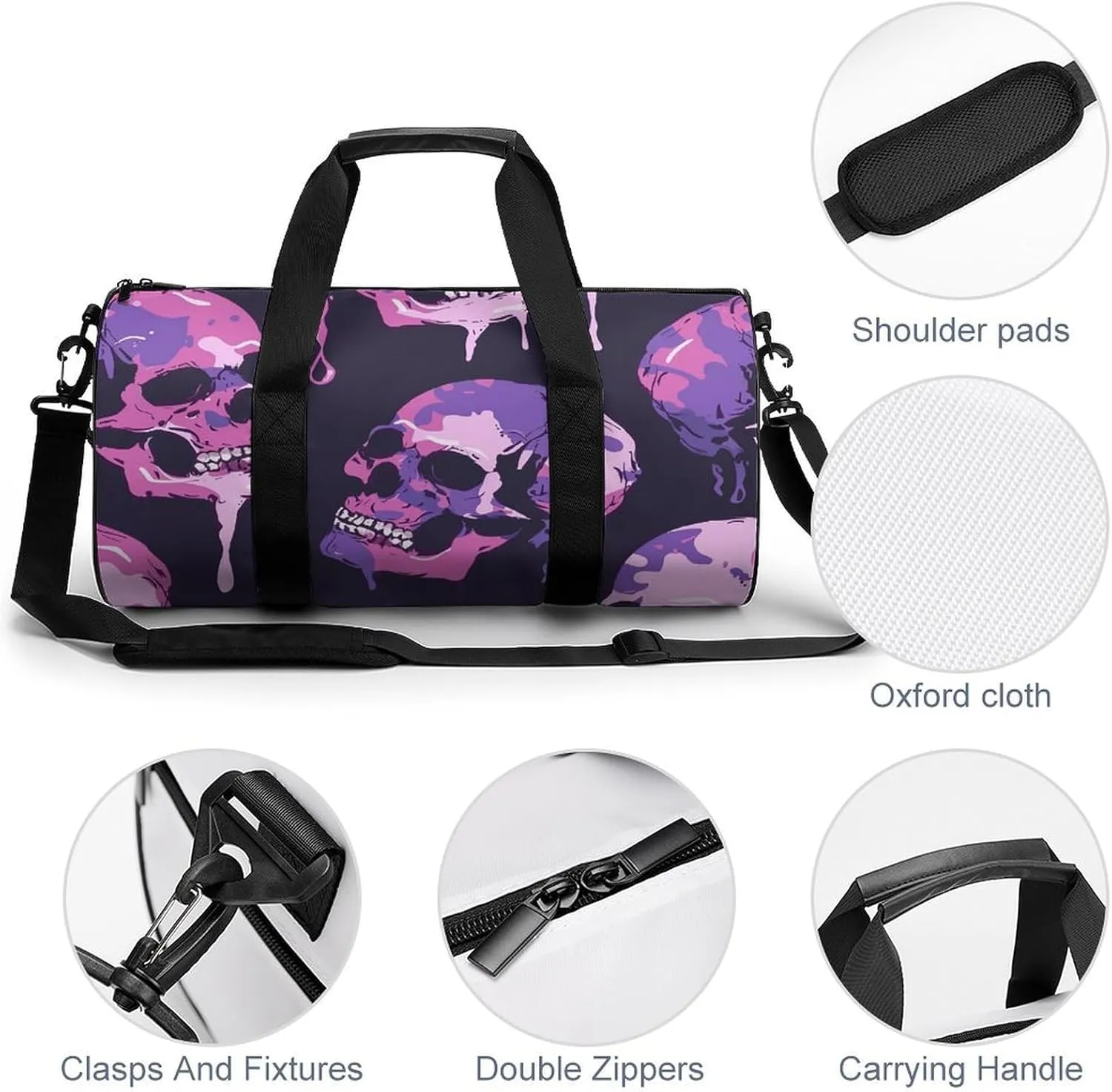 Travel Duffel Bag for Men And Women,Skull Flat Pattern Waterproof Sports Fitness Bag Portable Travel Duffel Bag, 17.7in/9in/9in