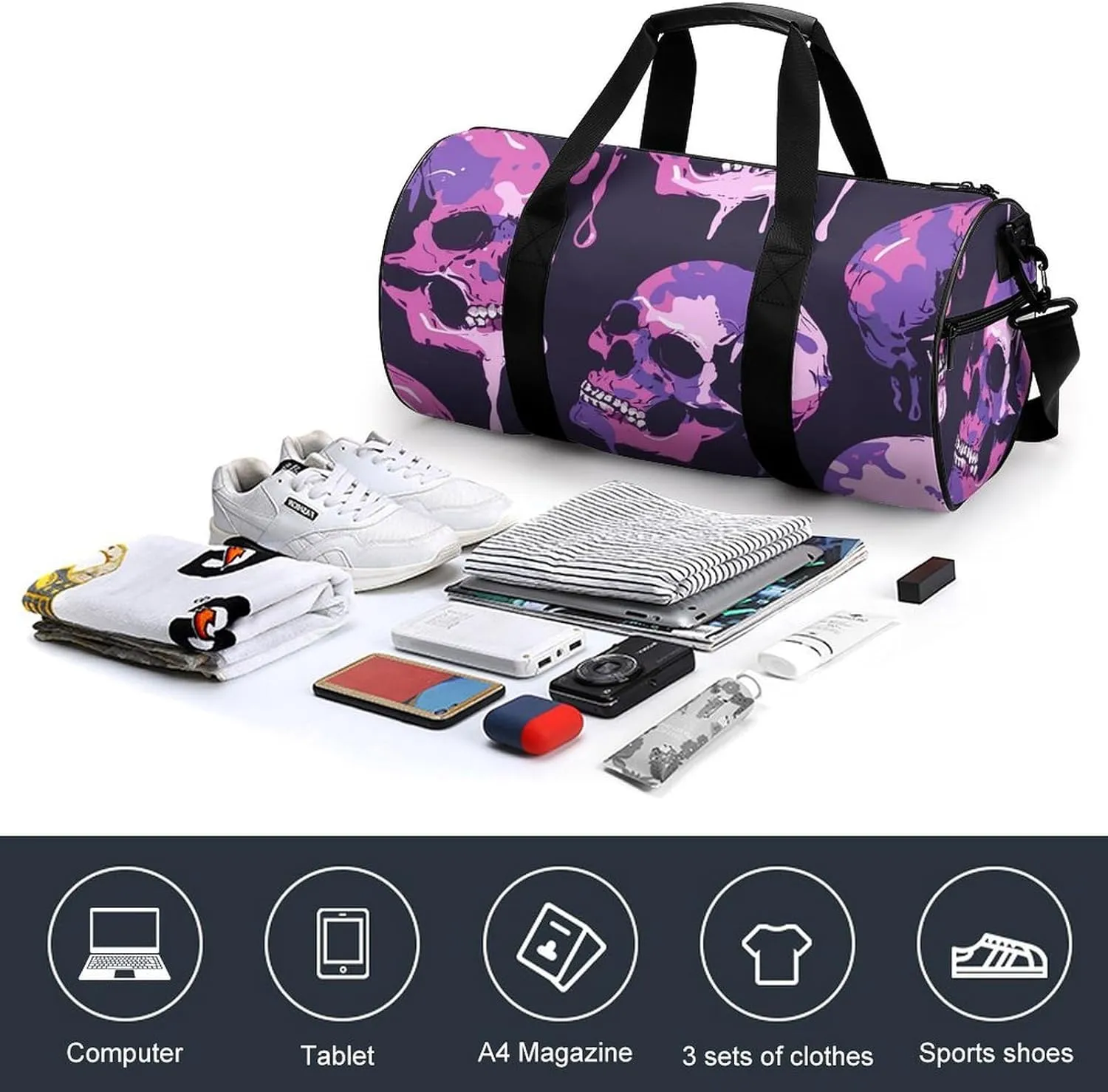 Travel Duffel Bag for Men And Women,Skull Flat Pattern Waterproof Sports Fitness Bag Portable Travel Duffel Bag, 17.7in/9in/9in