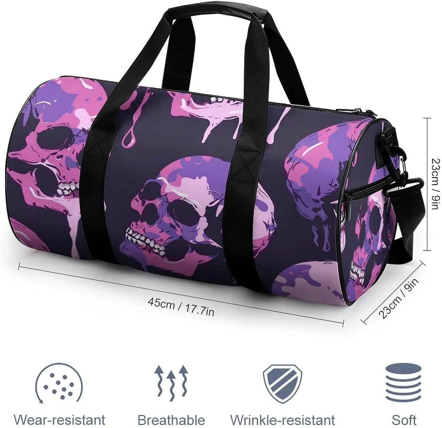 Travel Duffel Bag for Men And Women,Skull Flat Pattern Waterproof Sports Fitness Bag Portable Travel Duffel Bag, 17.7in/9in/9in