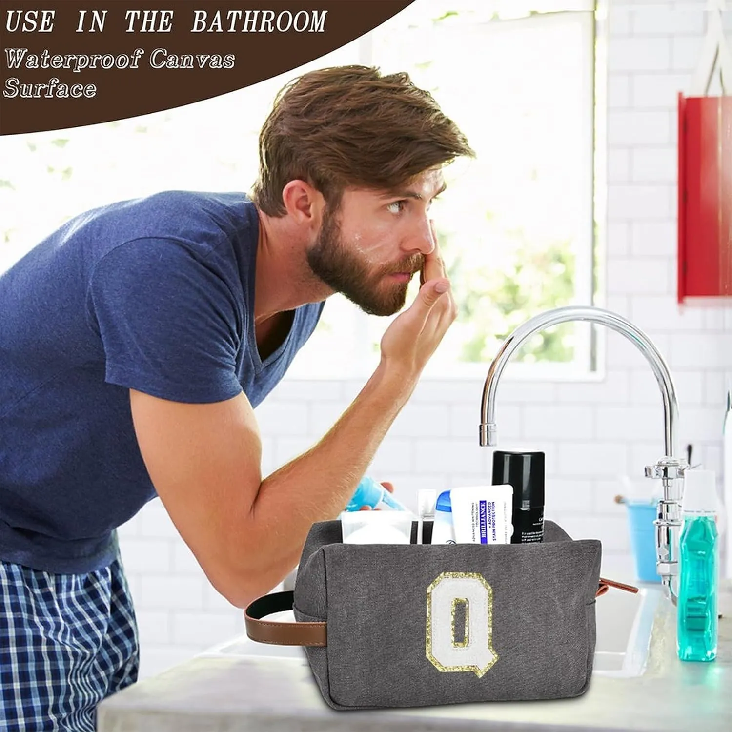Travel Toiletry Bag for Men Initials - Graduation Gifts for Him, Personalized Shaving Kit Bag Hanging Dopp Kit - Travel Essentials, Bathroom Shower Bag for Toiletries Accessories Gifts for Men - Q