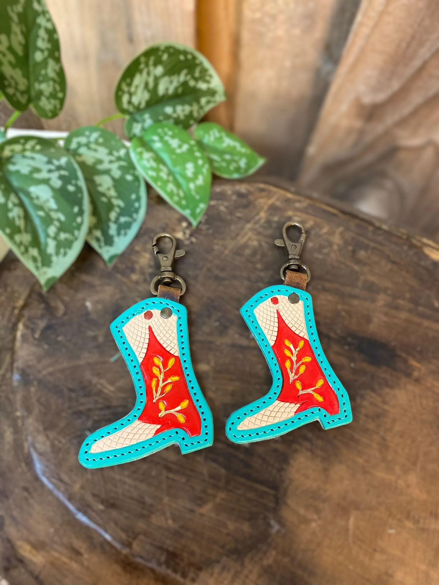 Turquoise & Red Cowhide Tooled Leather Boot