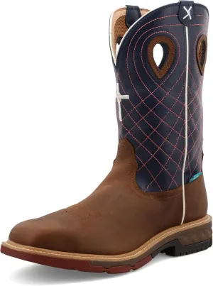 Twisted X Men's 12" Western Work Boot, Square Toe Alloy Toe with CellStretch, Mocha & Navy, 10 EE