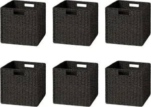 UBBCARE 6 Pack Wicker Basket, 11L×11H×10.5W inch Woven Paper Rope Storage Baskets for Shelves, Foldable Cube Storage bin with Handle, Storage Basket for Organizing & Decor, Black