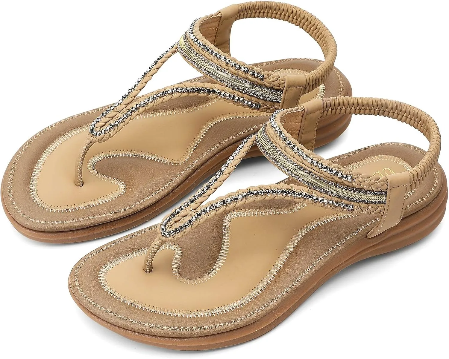UBFEN Womens Bohemian Flat Sandals With Back Strap Summer Beach Comfortable Bling