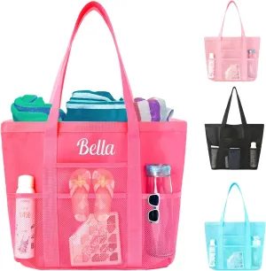 Ulico Personalized Beach Bag Embroidered Name,Custom Mesh Tote Bag for Women, Foldable Shoulder Bag for Swimming Pools Travel