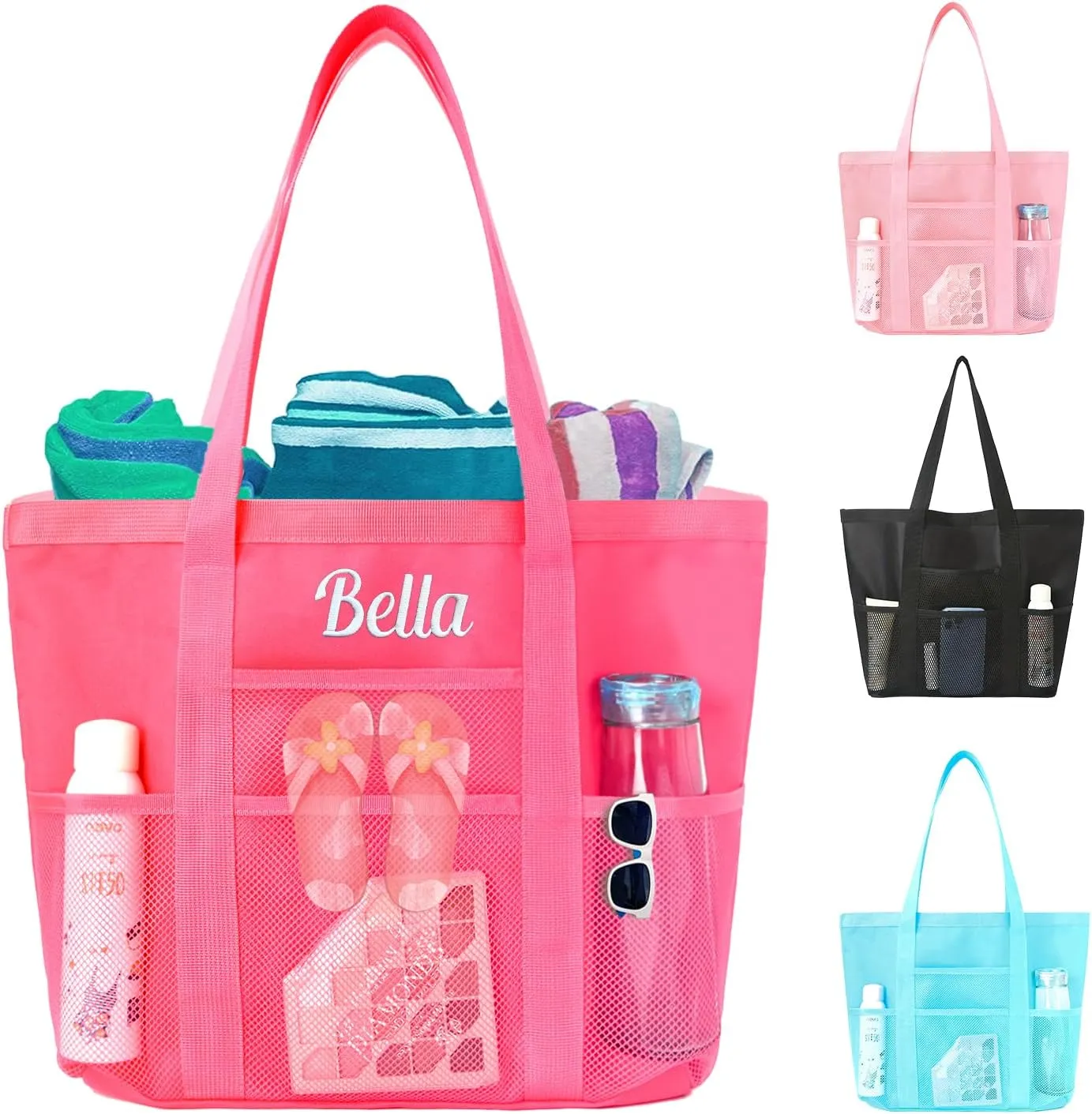 Ulico Personalized Beach Bag Embroidered Name,Custom Mesh Tote Bag for Women, Foldable Shoulder Bag for Swimming Pools Travel