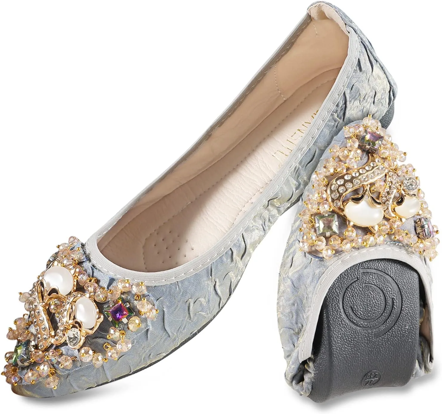 Unifizz Women's Ballet Flats Soft Pointed Toe Rhinestone Wedding Ballerina Shoes Foldable Sparkly Comfort Slip on Flat Shoes for Women