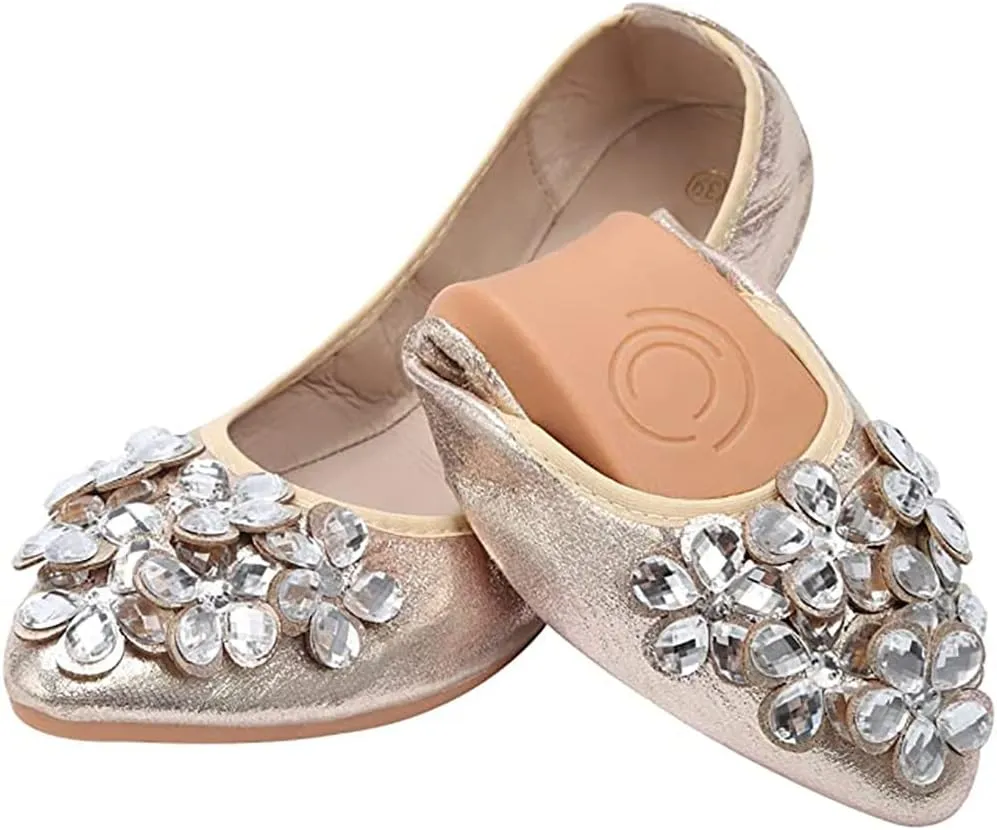 Unifizz Women's Ballet Flats Soft Pointed Toe Rhinestone Wedding Ballerina Shoes Foldable Sparkly Comfort Slip on Flat Shoes for Women