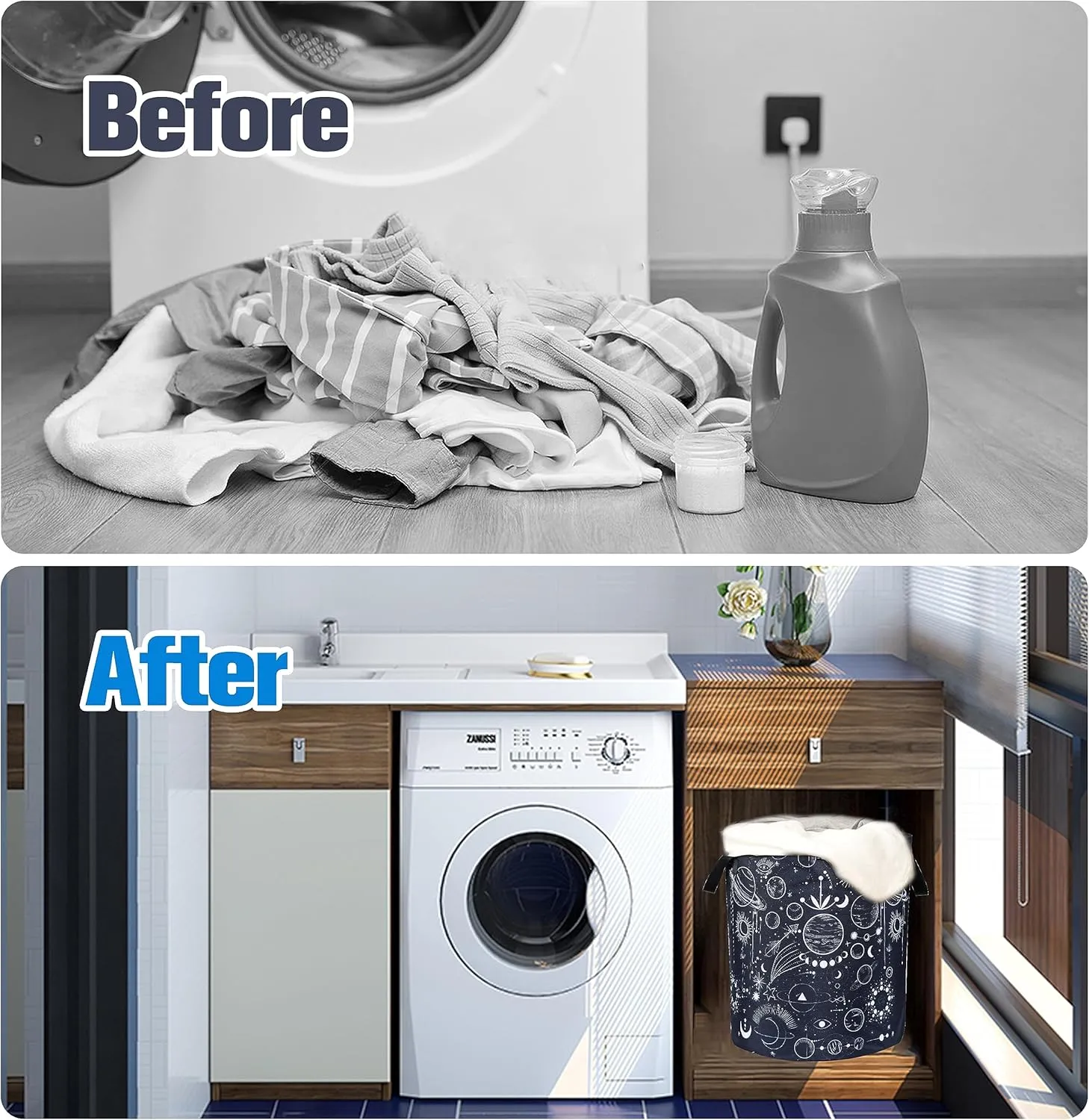 Universe Planet Laundry Basket Moon Phase Foldable Oxford Cloth Funny Tote Bag Laundry Hamper Clothes Storage Bucket Organizer For Bathroom/Laundry Storage/Bedroom 17.7x13.7 Inch