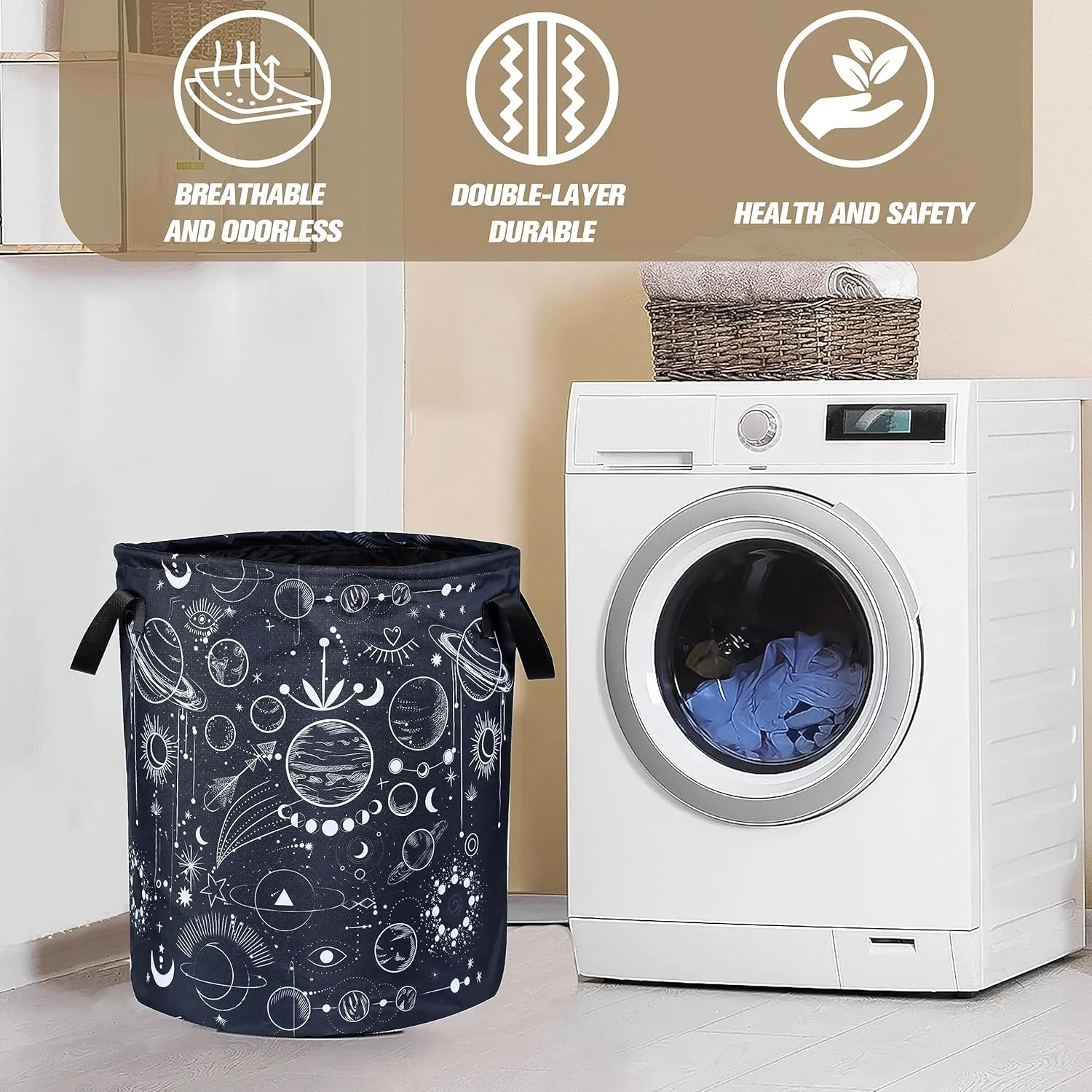 Universe Planet Laundry Basket Moon Phase Foldable Oxford Cloth Funny Tote Bag Laundry Hamper Clothes Storage Bucket Organizer For Bathroom/Laundry Storage/Bedroom 17.7x13.7 Inch