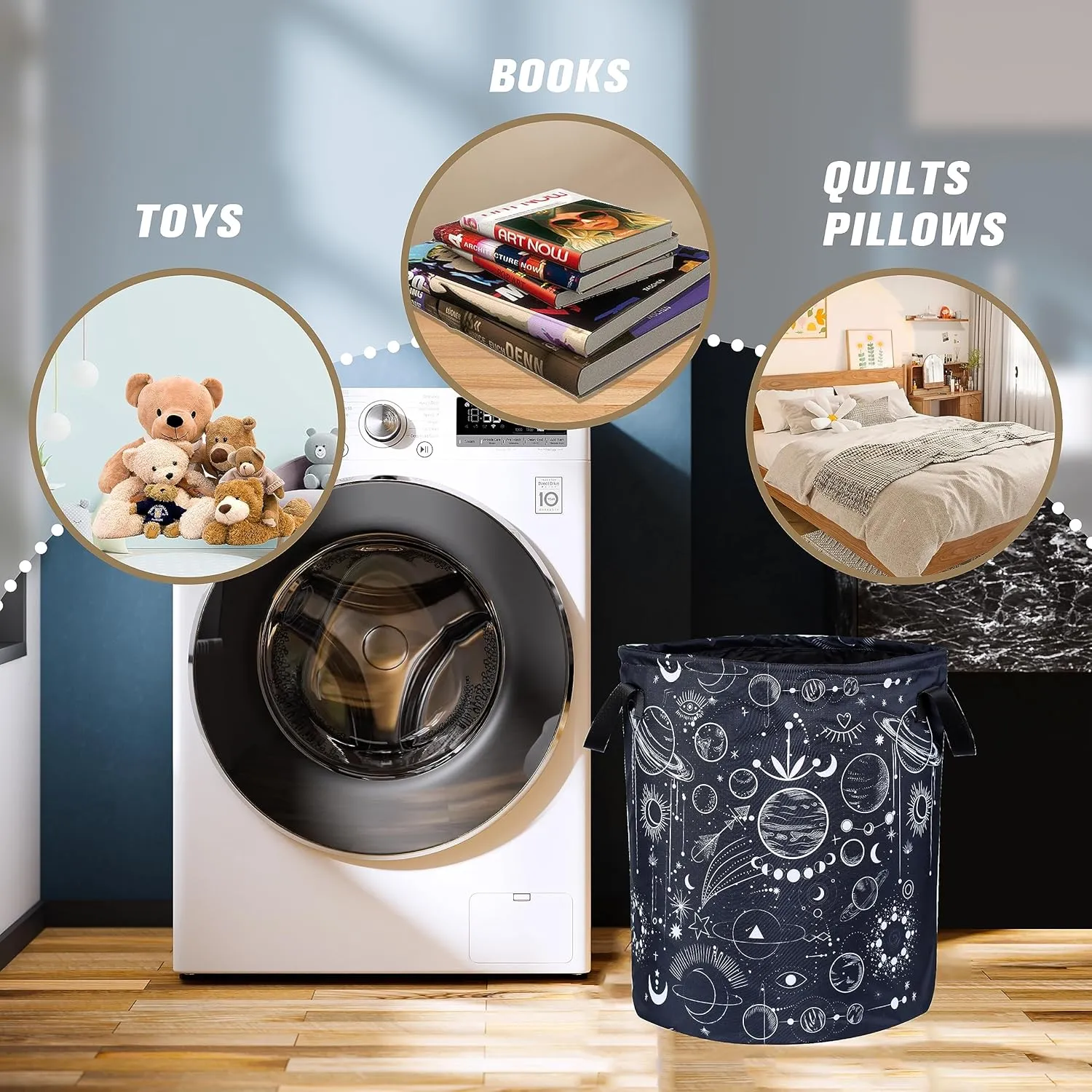 Universe Planet Laundry Basket Moon Phase Foldable Oxford Cloth Funny Tote Bag Laundry Hamper Clothes Storage Bucket Organizer For Bathroom/Laundry Storage/Bedroom 17.7x13.7 Inch
