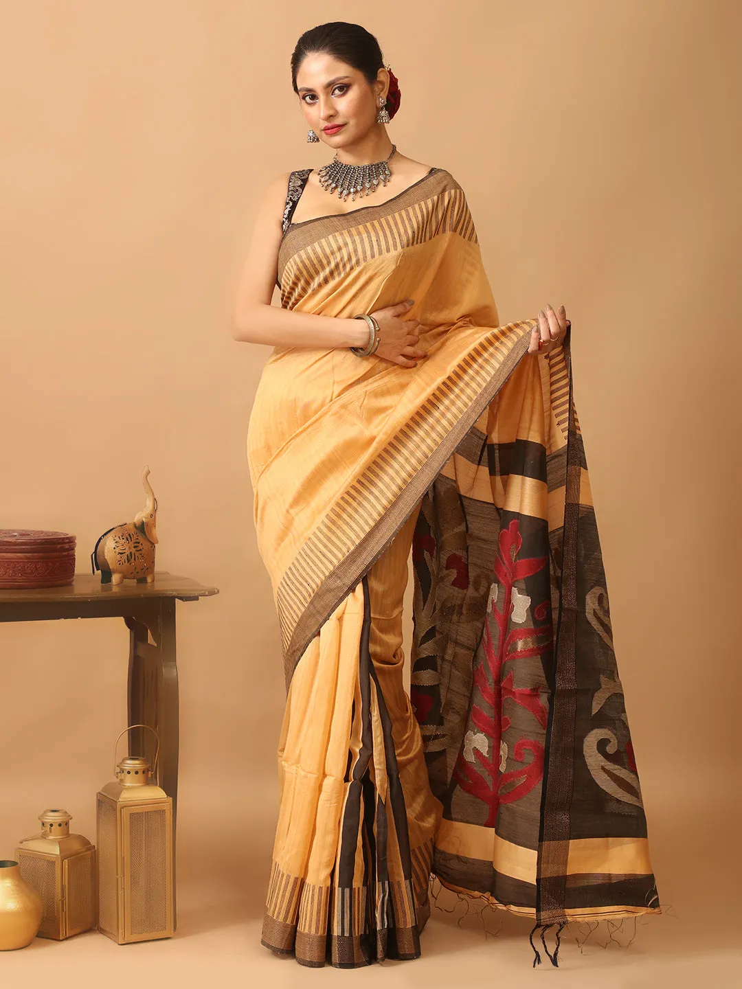 User-friendly With Cotton Colour Handloom Sandal Saree Customer-focused Bengal Pallu Jamdani Black Silk